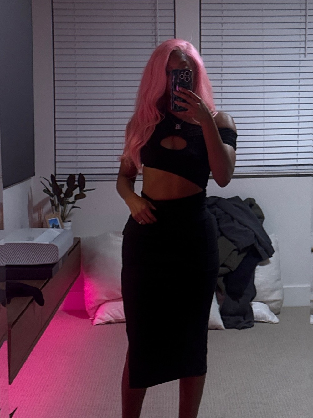 Black Cutout Crop Top & Midi / Mini Skirt Set - Black